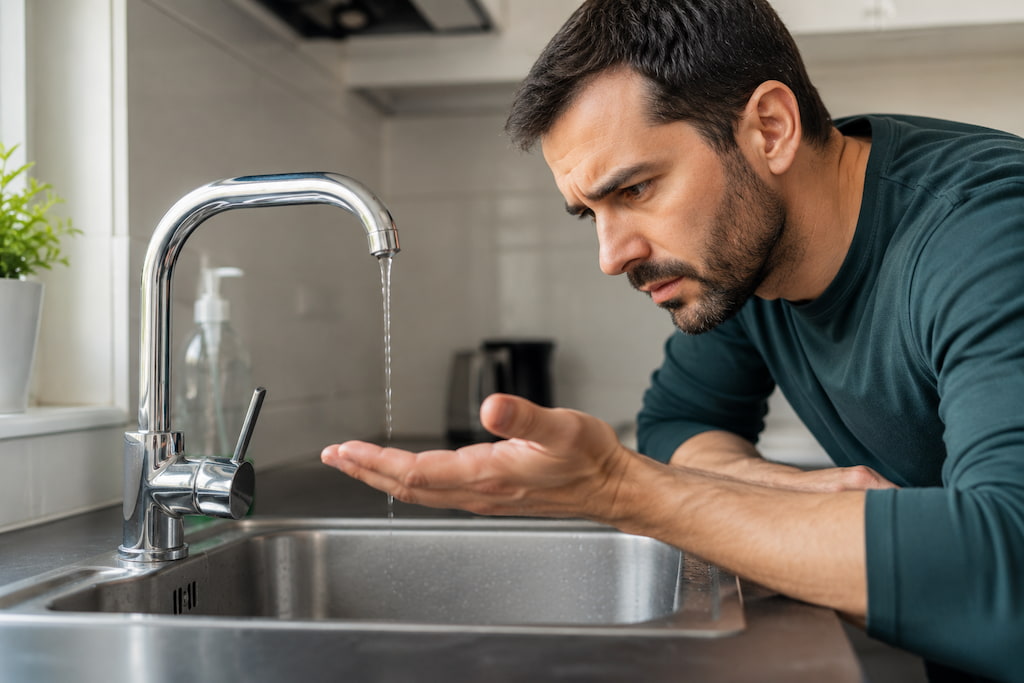 Diagnóstico de baja presión de agua en el grifo de la cocina Técnico revisando un grifo de cocina por problemas de presión de agua en casa