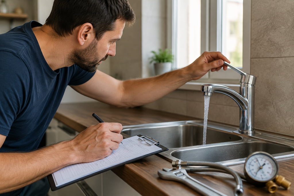 Diagnóstico técnico de la presión de agua Fontanero tomando notas técnicas al diagnosticar la presión de agua de la vivienda