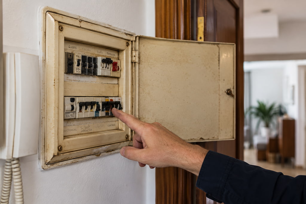 Cuadro eléctrico antiguo con la puerta abierta y una mano pulsando uno de los interruptores