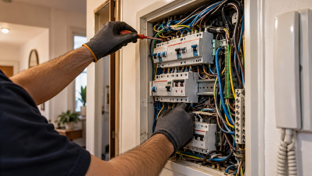 Electricista ampliando y reorganizando los circuitos de un cuadro eléctrico con nuevo cableado
