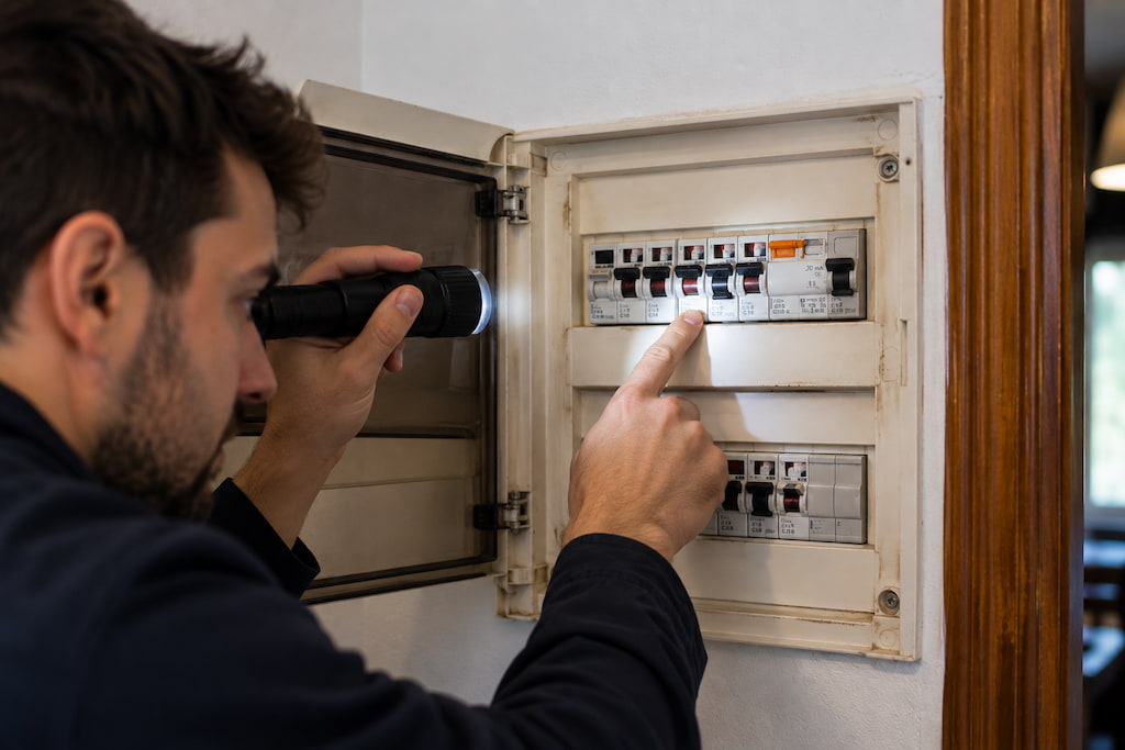 Electricista revisando con una linterna el diferencial y los automáticos de un cuadro eléctrico