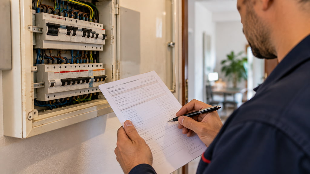Electricista rellenando el Certificado de Instalación Eléctrica junto a un cuadro eléctrico