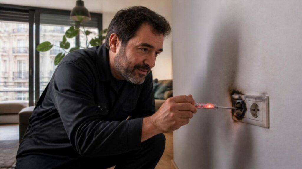 Electricista revisando con un comprobador un enchufe quemado en una vivienda